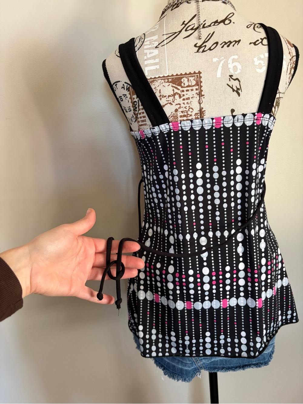 Y2K Black Pink Polka Dot Tie Back Baby Doll Sweetheart Top - Picture 5 of 9